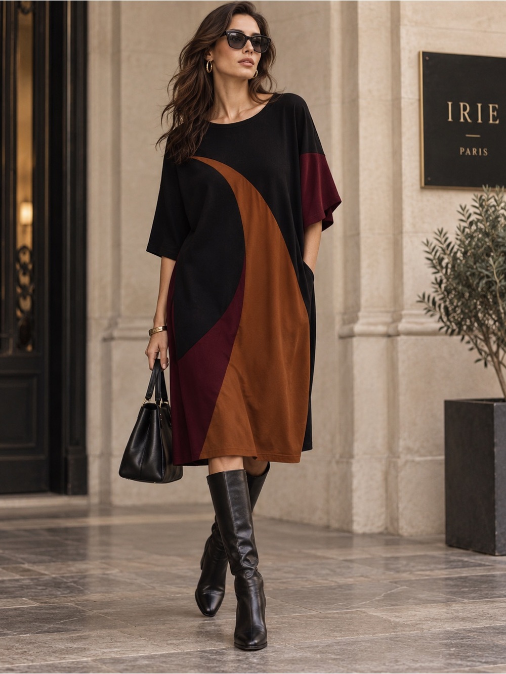 IRIE  Paris Fashion House Midi Dress with Brown & Burgundy Colorblock Panels SZ